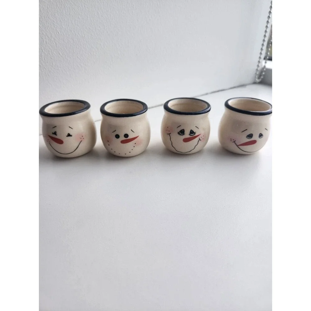 Set of 4 Snowman Mini Jar Candles Ceramic Painted Christmas‎ Holiday Winter